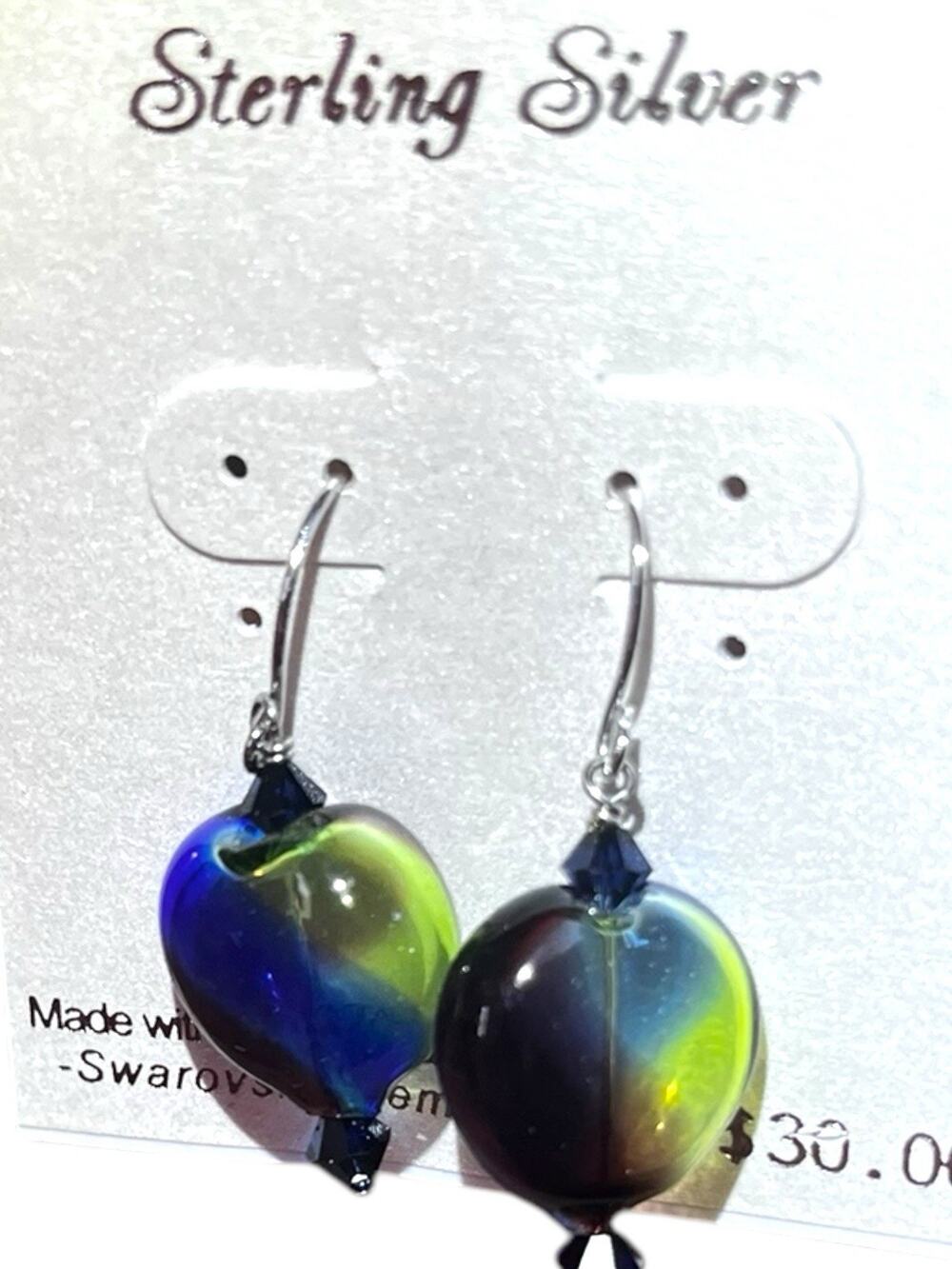 Millefiori Blown Glass Heart Handcrafted Blue Jewelry Sterling Silver Earrings